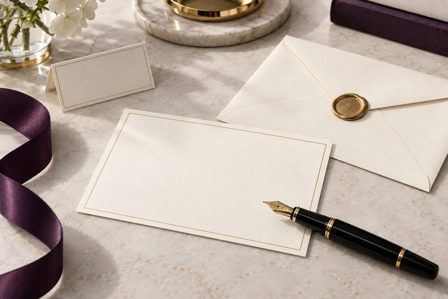 Fine stationery and fountain pen representing polished communication etiquette